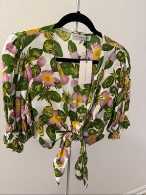 Faithfull the Brand White Floral Tie-Front Puff Sleeve Crop Top